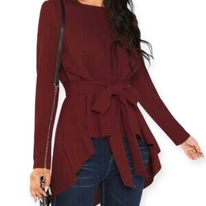 Shein Clasi Self Belted Asymmetrical Hem Top Burgundy Size Small